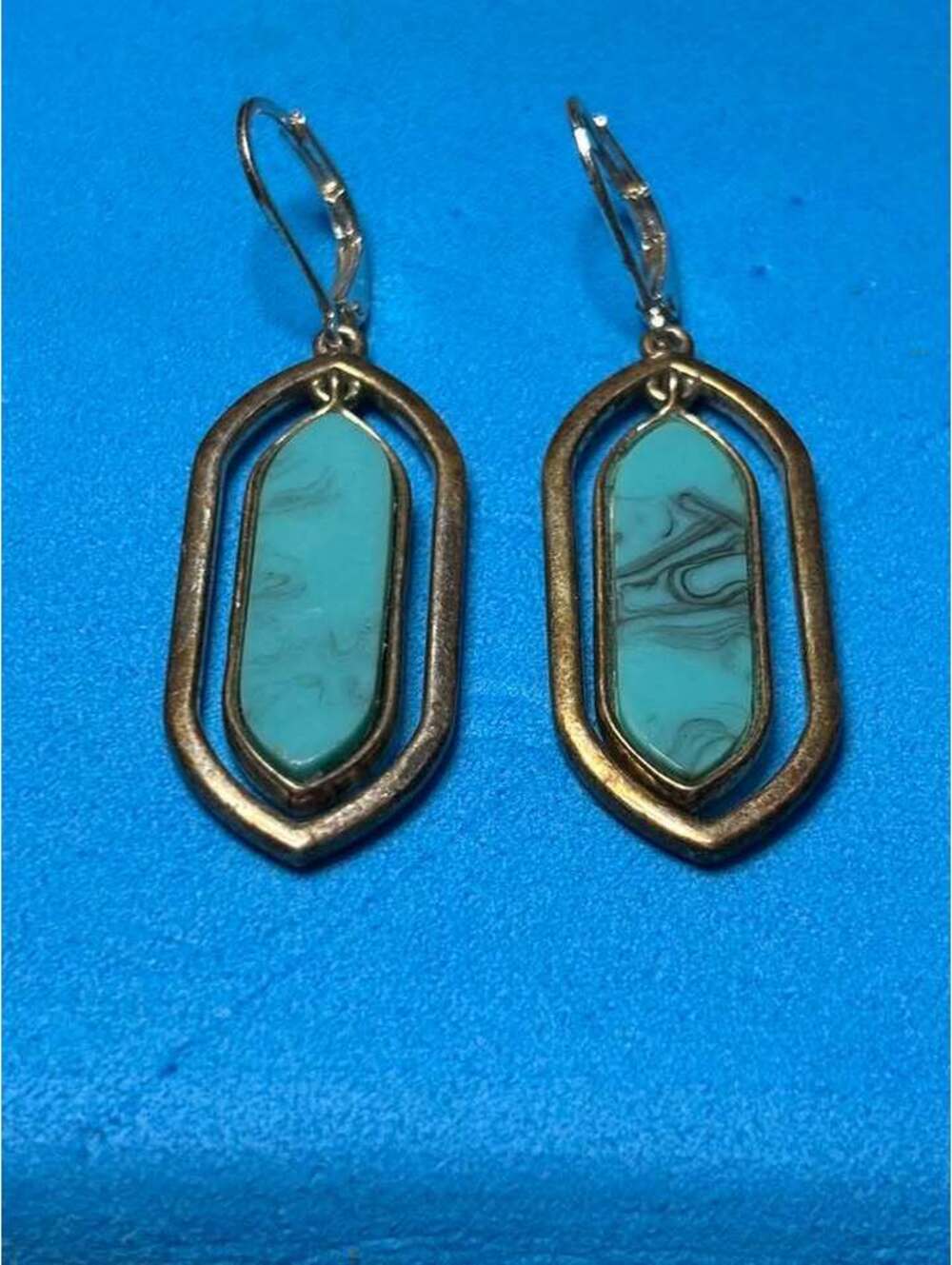 Gold Tone Faux Turquoise Geometric Drop Earrings